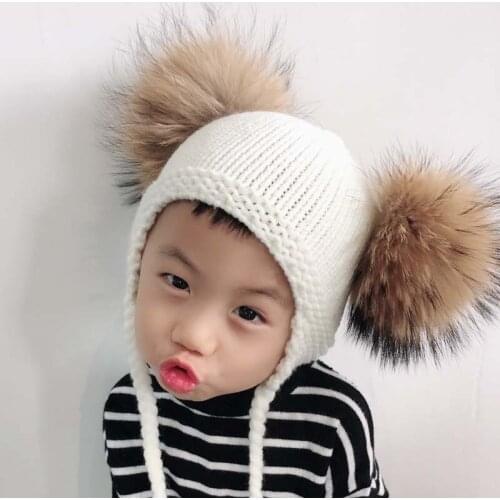 Baby Winter Hat Kids Ponytail Beanie With Ears Double Big Fur Pompom Hat For Children Knitted Earflap Cap Skullies