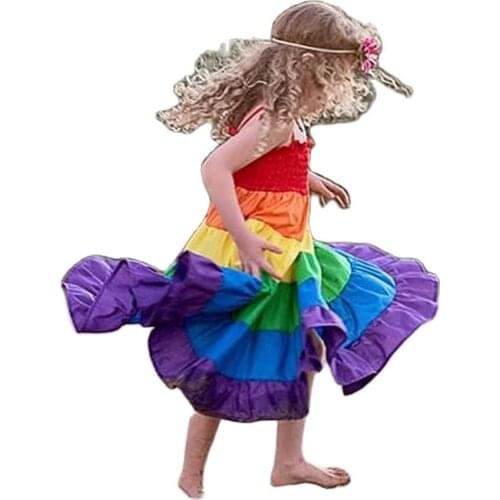 Girls Dress Sling Colorful Summer Clothing Kids Rainbow Color Big Hem Sleeveless Dress Party summer dress Kids Sleeveless Dress