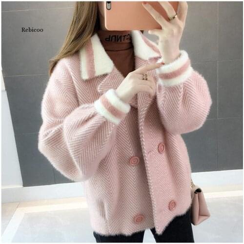 Double Breasted Spring Coat Women Sweater Knitted Mink Jacket Womens Short Section Pretty Herringbone Woolen Cardigan