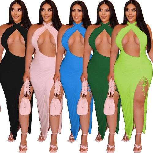 European and American sexy womens plus size summer fashion personality solid color hanging neck split dress long skirt women