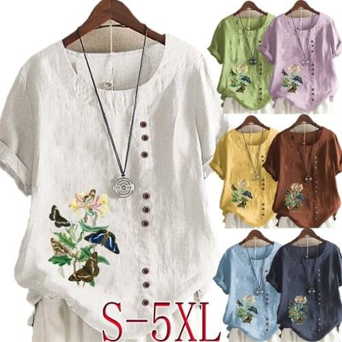 Womens Fashion Summer Butterfly Print Round Neck T-shirt Casual Loose Solid Color Shirt Short sleeve Plus Size Top