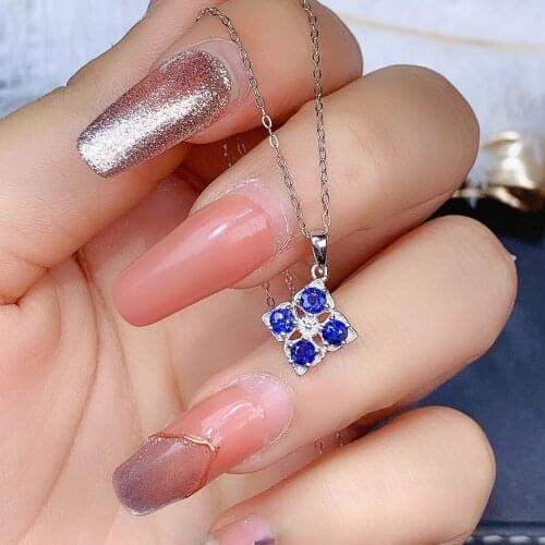 Grace cute Clover natural blue sapphire pendant S925 silver Natural gemstone Pendant Necklace women wedding gift fine jewelry