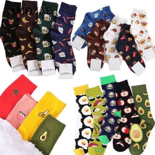 Harajuku Happy Women Socks Men Funny Cartoon Fruit Avocado Banana Burger Fries Beer Biscuit Fried Chicken Food Sox Skateboard
