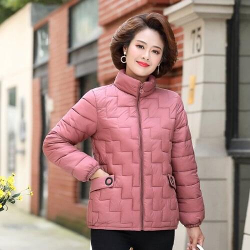 Classic Women Simple Jacket Stand Collar Solid Color Down Cotton Lightweight Cropped Parka Plus Size Mom Winter Thick Warm Coat