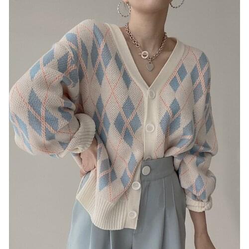 Korean V-neck Plaid Color Contrast Women Knit Cardigan Sweater Autumn Khaki Beige Black Long Sleeve Casual Ladies Knitwear Tops