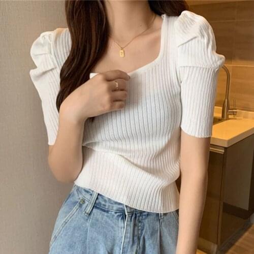 Puff Sleeve Square Collar Short Women Sweater Slim Womens Pullovers 2021 New Summer Knitted Elastic Woman Clothes Sweater Femme