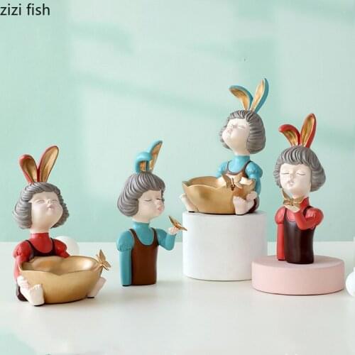 Rabbit Ears Girl Statue Crafts Storage Ornaments Key Storage Box Organize Disk Desktop Furnishings Home Decoration Accessories