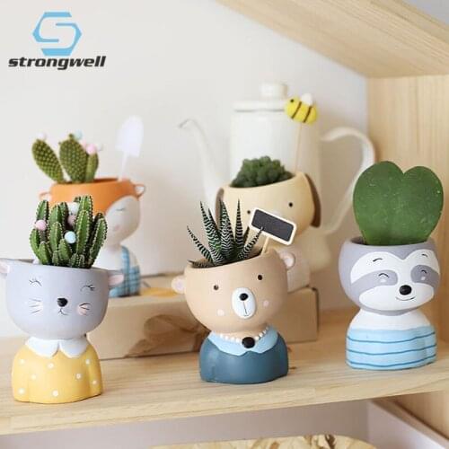 Strongwell Nordic Animal Flower Pot Planter Succulent Container Bear Head Miniature Figurines Desktop Decoration Cute Gift