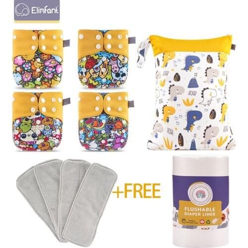 New Elinfant Set ECO-friendly 4pcs/set Washable Gray Mesh Reusable Cloth Diapers Waterproof Wet Bag With Free Bamboo Liner