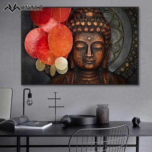 Wall Home Decor Bronze Colored Buddha Statue Wall Art Canvas Religious Portrait Painting for Living Room Decoration Pictures