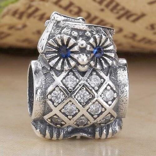 Original Vintage Graduate Owl With Blue & Clear Crystal Beads Fit 925 Sterling Silver Bead Charm Bracelet Diy Jewelry