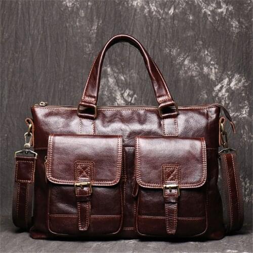 POOLOOS Vintage Coffee Genuine Leather Office Men Briefcase Messenger Bags Cowhide Portfolio 14'' Laptop Business Bag M1075