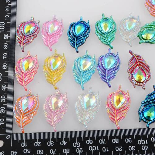 BOLIAO 20Pcs 20*38mm ( 0.79in*1.5in ) Peacock Leaf Resin AB Color Rhinestone Flatback No Hole Glue Clothes/Wedding Decoration