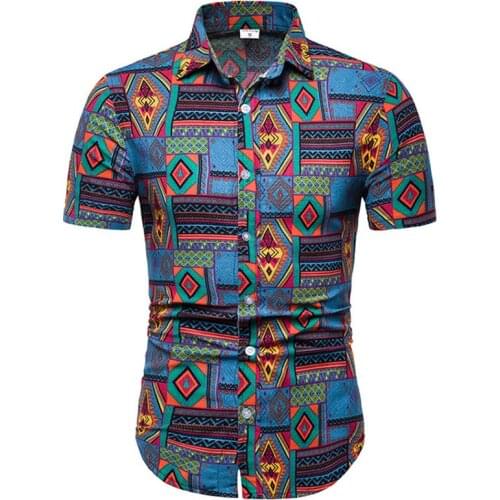 Mens Cotton Linen Dress Shirt 2020 Fashion Vintage African Ethnic Print Shirt Men Slim Fit Short Sleeve Hawaiian Shirts Camisas
