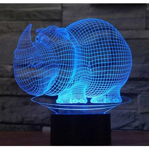3D LED Night Light Small Rhinoceros Head with 7 Colors Light for Home Decoration Lamp Amazing Visualization Optical Illusion