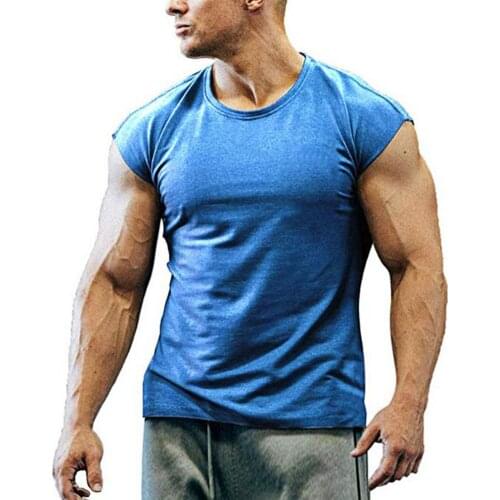 Slim Summer Men T-shirt Sports Gym t shirt Solid Color Breathable Summer Round Neck Sleeveless Top Dress Fitness T-shirt