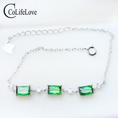 CoLife Jewelry Natural Chrome Diopside Bracelet for Daily Wear 4mm*6mm Emerald Cut Diopside Silver Bracelet Gift for Girl