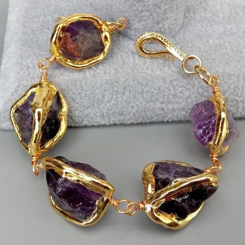 YYGEM Natural Purple Amethyst Rough Nugget With Electroplated Edge Wrap Bracelet 8"