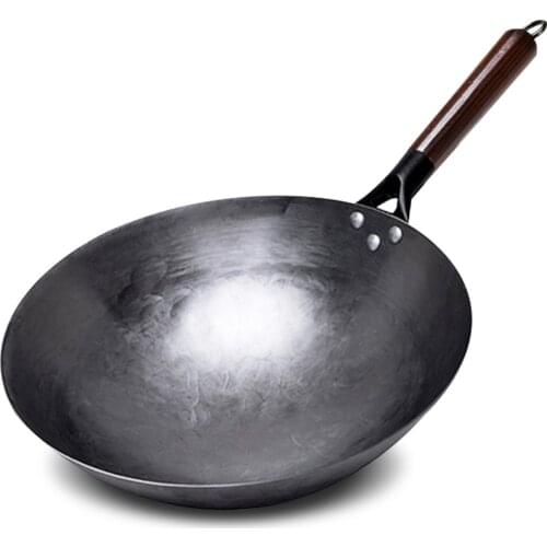 Non-coating Iron Wok Chinese Traditional Handmade Wok For Kitchen Pan Wooden Handle For Gas Cookware 1 to 2 People
