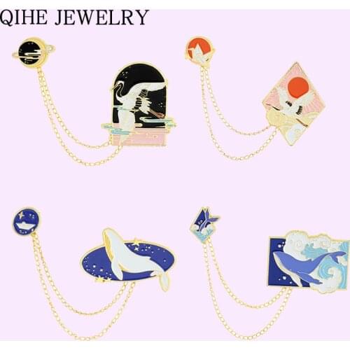 Cartoon Sun Cloud Stars Whale Brooches for Women Anime Chain Lapel Enamel Pin Backpacks Metal Badge Jewelry Gift Wholesale