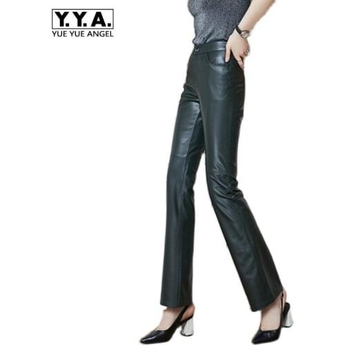 2021 Autumn New Genuine Leather Pants Womens Flare Pants Sheepskin Elegant Fashion Casual High Waist Slim Solid Female Pants
