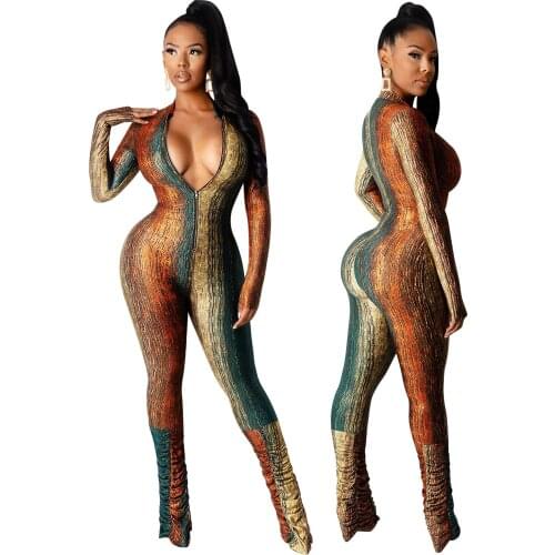 Women Sexy Stacked Jumpsuit Long Sleeve V Neck Zipper Romper Clubwear Fall Spring 2020 Women Fashion Printed Overalls Jumpsuit