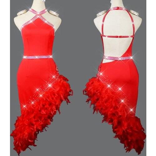 2021 Red Feather Latin Dancing Dress Sexy Backless Beveled Edge Crystal Performance Clothing Women Tango Dance Clothes DNV15071