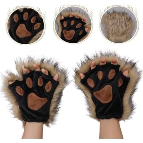 1 Pair Furry Paw Gloves Cat Girls Cosplay Accessory Kawaii Plush Wolf Paws Fingerless Winter Gloves for Anime Cosplay