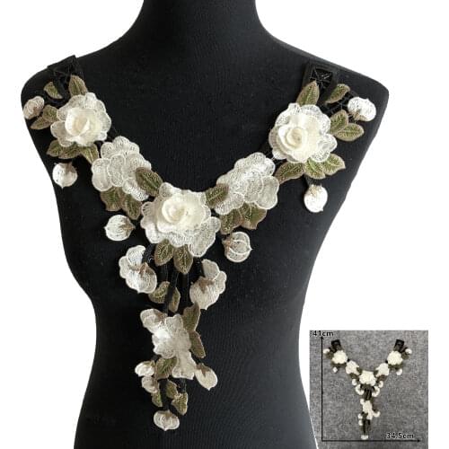 3D white rose embroidery fake collar applique fabric sewing DIY craft clothing supplies material accessories 1 piece for sale