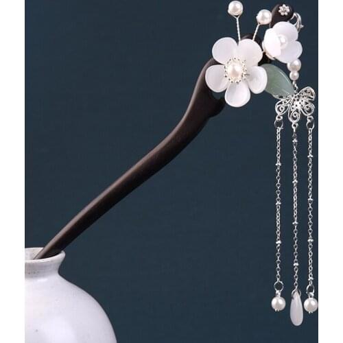 1pcs Wooden Hairpin Ancient Style Tassel Flower Step Shake Hanfu Headwear Accessories Decor Hair Stick Women Girl Gift