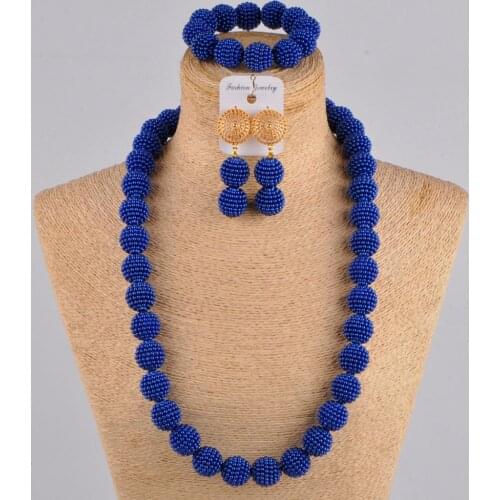 24 inches long royal blue beads necklace african jewelry set simulated pearl nigerian wedding necklace earrings for women FZZ07