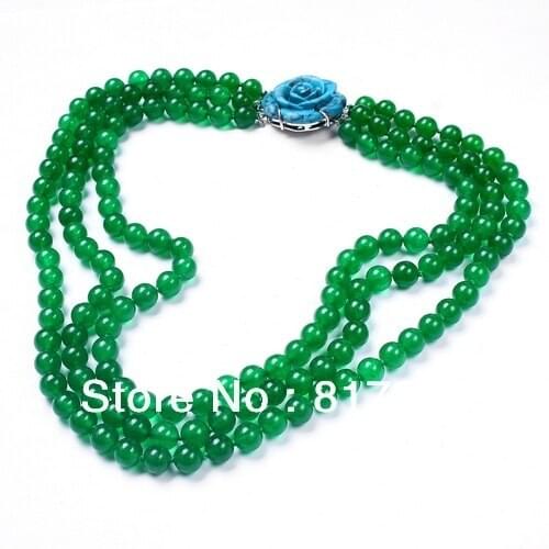 3 ROWS Necklace 6MM Green Bead Stone howlite Flower rose clasp Necklace Woman Fashion Party &6N0082