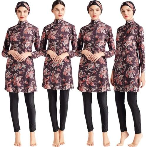 3PCS Muslim Women Swimwear Hijab Printed Swimsuit Islamic Full Cover Burkini Modesty Bathing Suit Swimming Costumes Long Sleeve