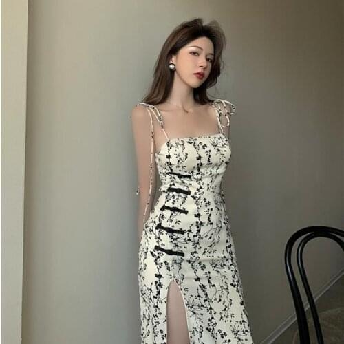 Bella Elegant Print Floral Camisole Dress Women Sexy Vintage Sweet Dress Casual Party Sexy Split Qipao Dress Summer Cheongsam