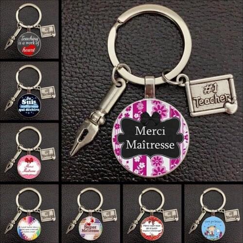 Teacher keychain glass pattern letters thank you teacher key ring teachers day gift time gem glass keychain holder