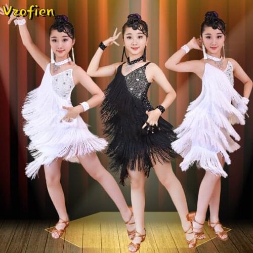 Professional Latin Dance Dress for Girls Sequin Fringe Rumba Cha Cha Ballroom Salsa Dress Children Kids Tango Practice Costumes