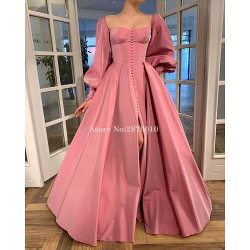Elegant Sweetheart A-Line Evening Dress Long Sleeves Taffeta Floor-Length Slit Fastener Prom Dress Plus size Vestido de festa