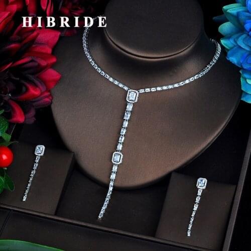 HIBRIDE Elegent Long Shinny CZ Dangle jewelry Sets Sparking Zircon Luxury Wedding jewelry Set Bijoux For Women Party Gifts N-562