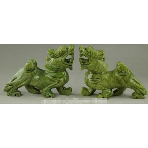 Exquisite Chinese Hand Carved Natural green Jade Dragon Pixiu Beast Statue Pair