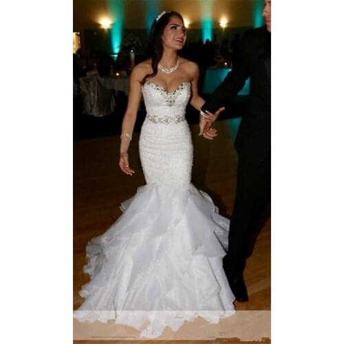 Charming Sweetheart Beaded Mermaid Wedding Dresses 2021 Organza Sweep Train Ruffles Bridal Gowns Custom Made