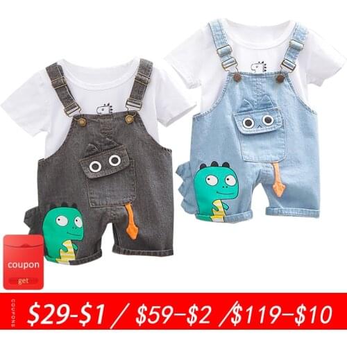 Baby boy clothes boy summer cute cartoon dinosaur pocket short sleeve T-shirt suspenders pants suit baby boy casual cotton suit
