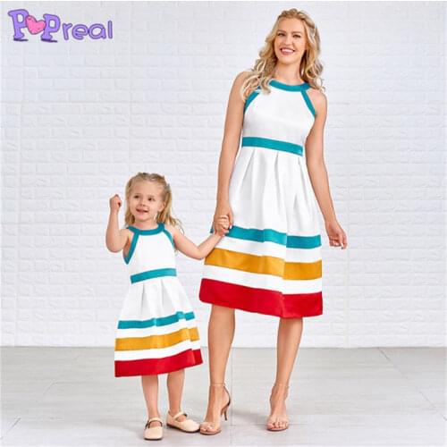 PopReal Summer Fashion Stripe Print Halter Mother Kids Dress Family Matching Outfits Family Dress Mom And Daughter Skirt