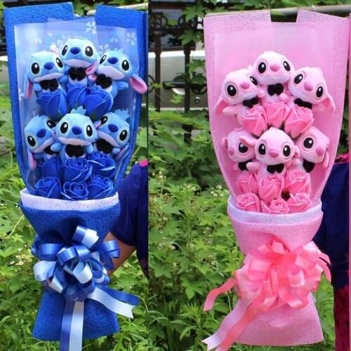 Drop Shipping Disney Cartoon Lilo Stitch Plush Doll Toys Rose Bouquet Gift Box Stich Plush Bouquet Rose Flower Birthday Gift