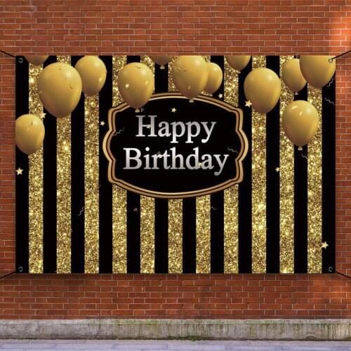Happy Birthday Backdrop Banner Party Decoration Gold Balloons Glitter Stars Black And Gold Stripes Photo Booth Background