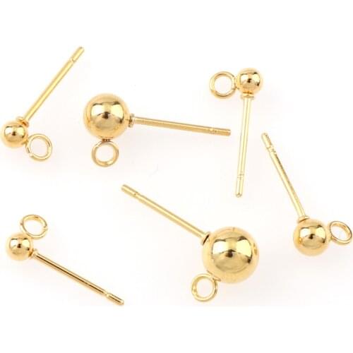 10PCS 3/4/5/6mm 316L Stainless Steel Gold Color Ball Stud Earring Pins With Ring DIY Earring Finding