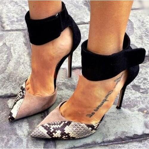 Sexy Snakeskin Print Leather Pumps Women Shoes Black Suede Ankle Buckle Strap Stiletto High Heels Shoes Cut-out Gladiator Heels