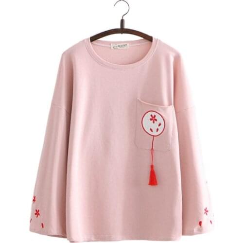 Harajuku Pink Floral Embroidery Casual Women T-Shirts 2020 Autumn Long Sleeve O-neck Tassel Korean Styel Ladies Basic Tops Tee