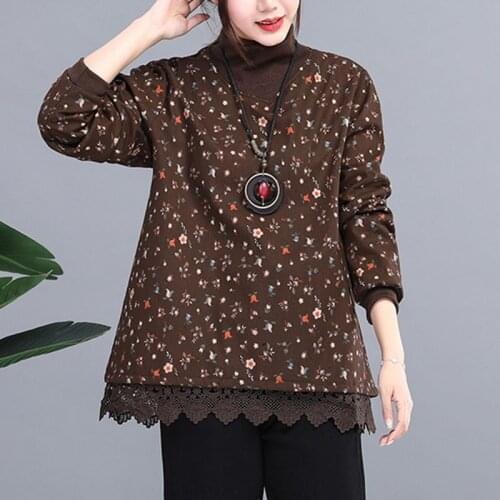 Women Casual Tops New Arrival 2020 Autumn Winter Vintage Style Turtleneck Print Patchwork Lace Female Cotton Linen Shirts S2755