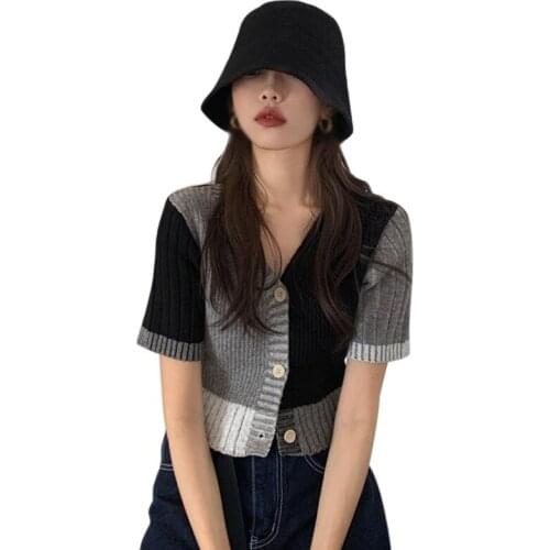 Women Fashion V Neck Color Contrast Tee Shirt Sweet Exposed Navel Knitted Short-sleeved Cardigan Tops