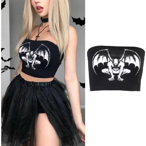 Women Sexy Strapless Crop Tube Top Gothic Punk Demon Devil Print Bandeau Harajuku Wrapped Chest Slim Vest Shirt Clubwear